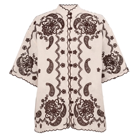 Zimmermann Ascension Embroidered Skjorte, Ivory/Chocolate